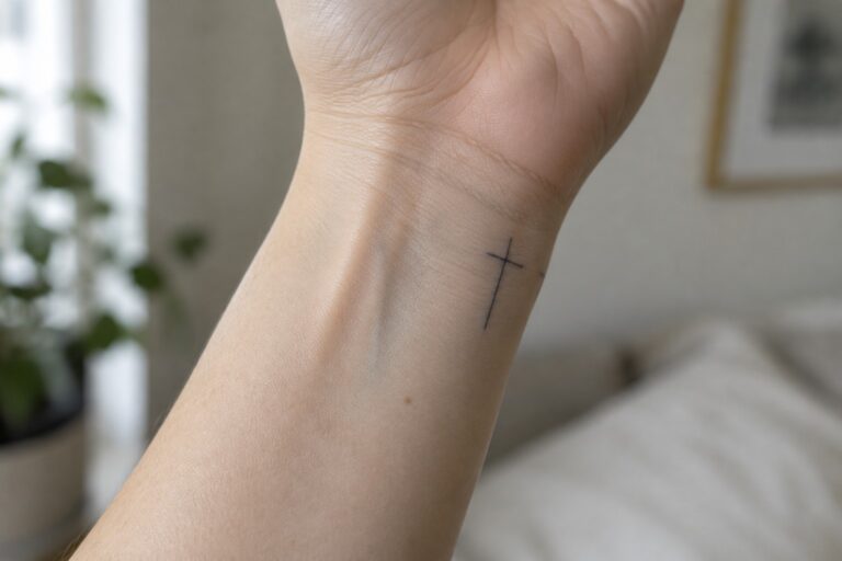 17 Small Biblical Tattoos for Men Featuring Simplified Christian Symbols Small black cross tattoo on the inner wrist showing fine line work
