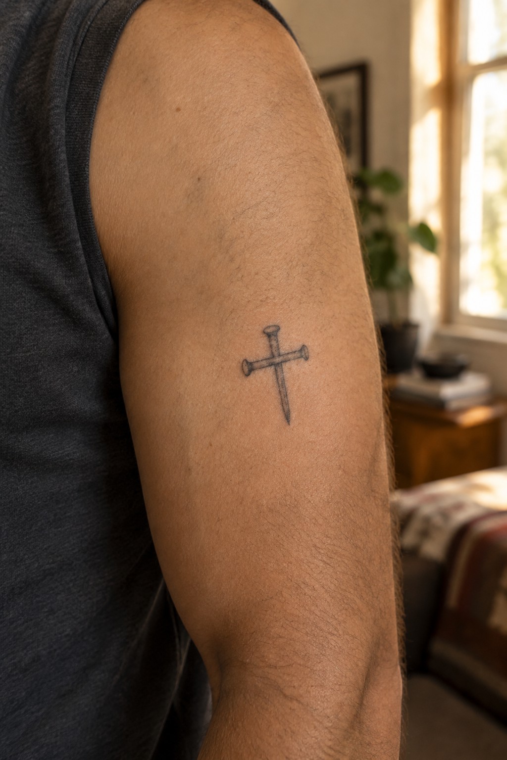 Gray tank top on arm with cross formed by two nails tattoo.
