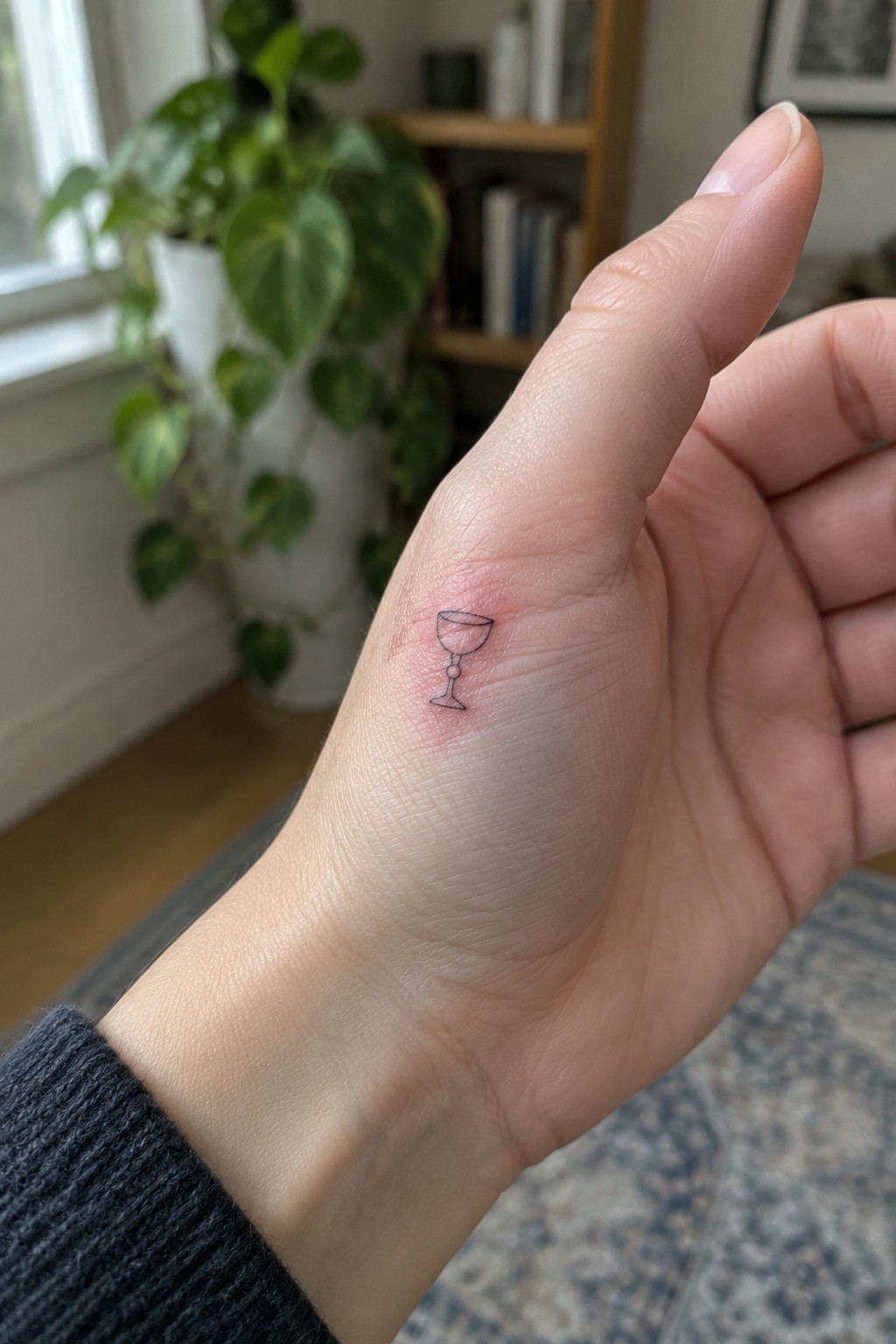 Hand with fresh wine glass tattoo, red irritation near thumb, dark sweater cuff visible