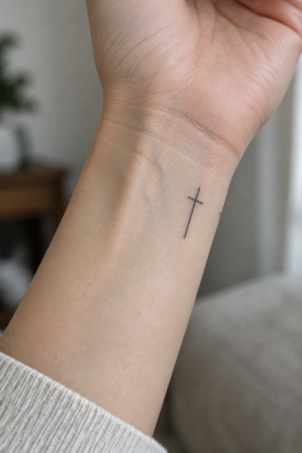 Small black cross tattoo on the inner wrist showing fine line work