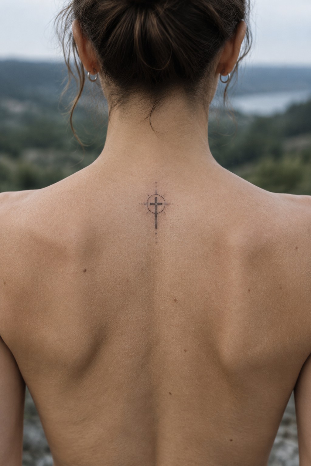 Bare back of woman with small cross tattoo overlooking misty hills and lake
