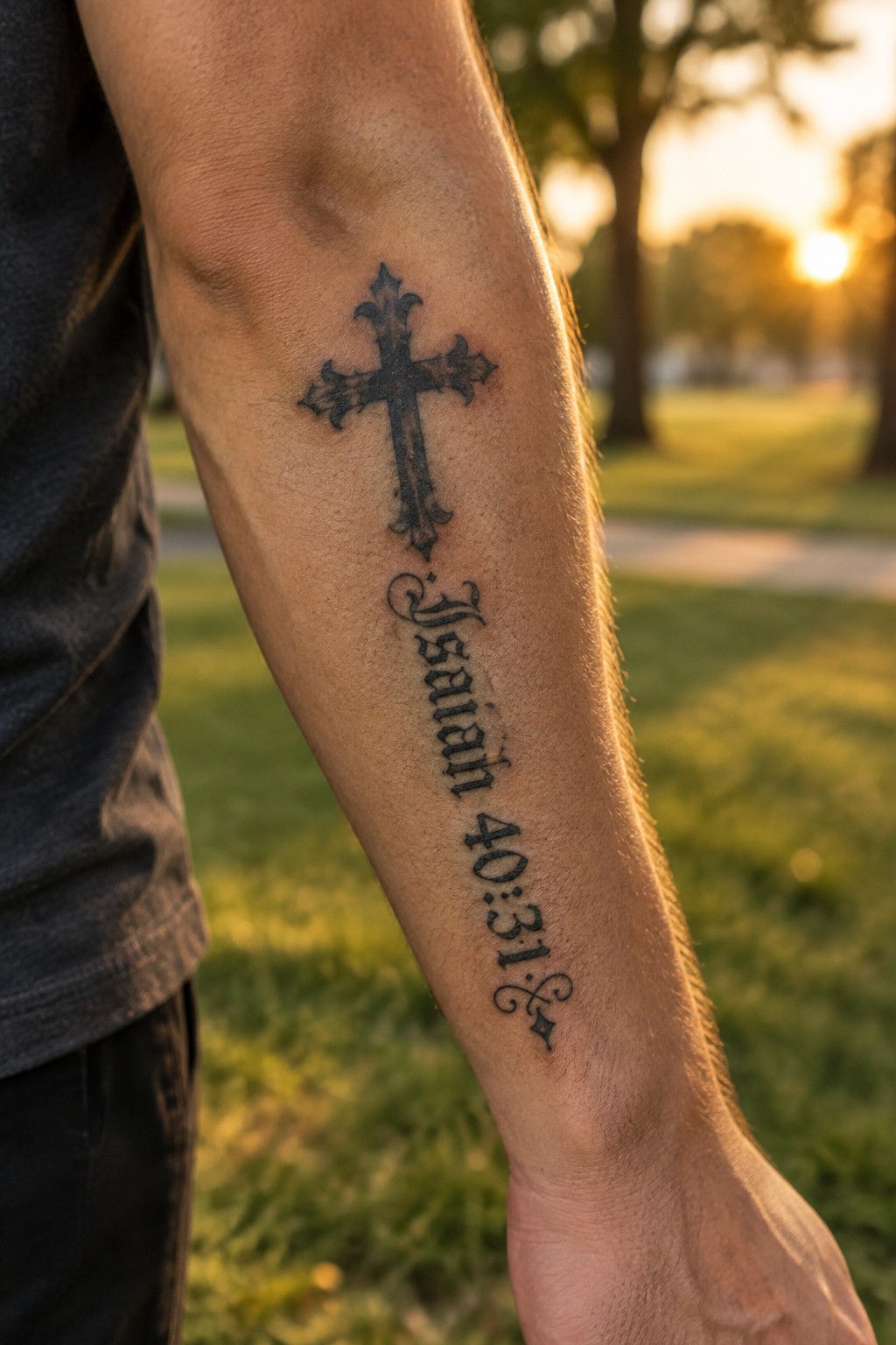 Ornate cross tattoo with Isaiah 40:31 verse in script lettering on the inner forearm