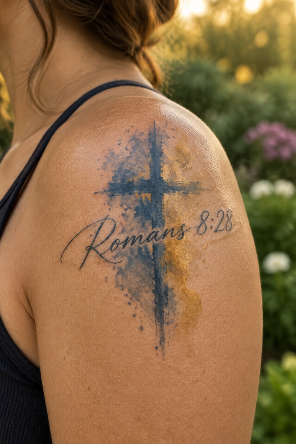 Shoulder in black tank top with blue-gold watercolor cross tattoo and Romans 8:28