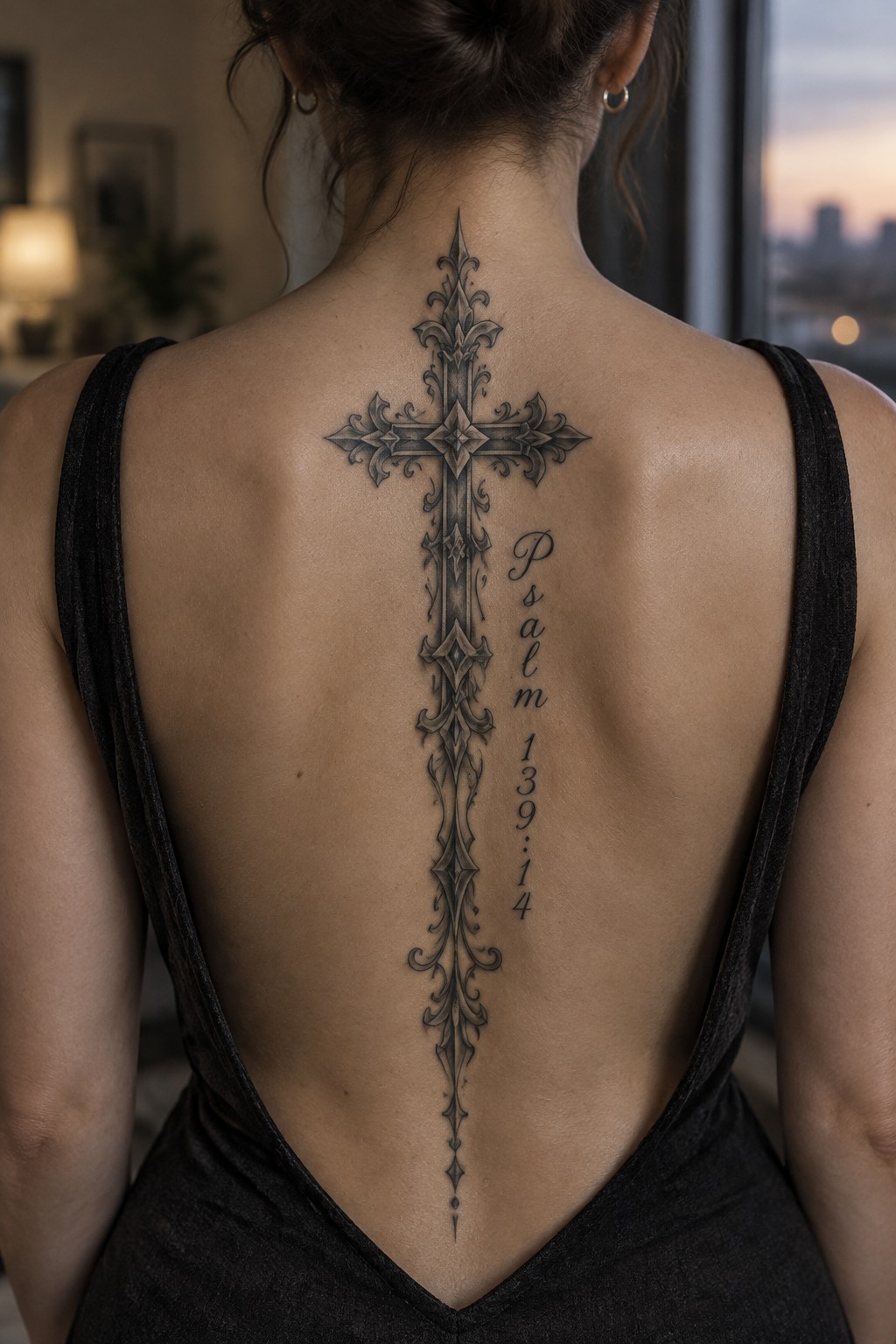 Woman's back with large ornate cross tattoo and Psalm 139:14 text in black top