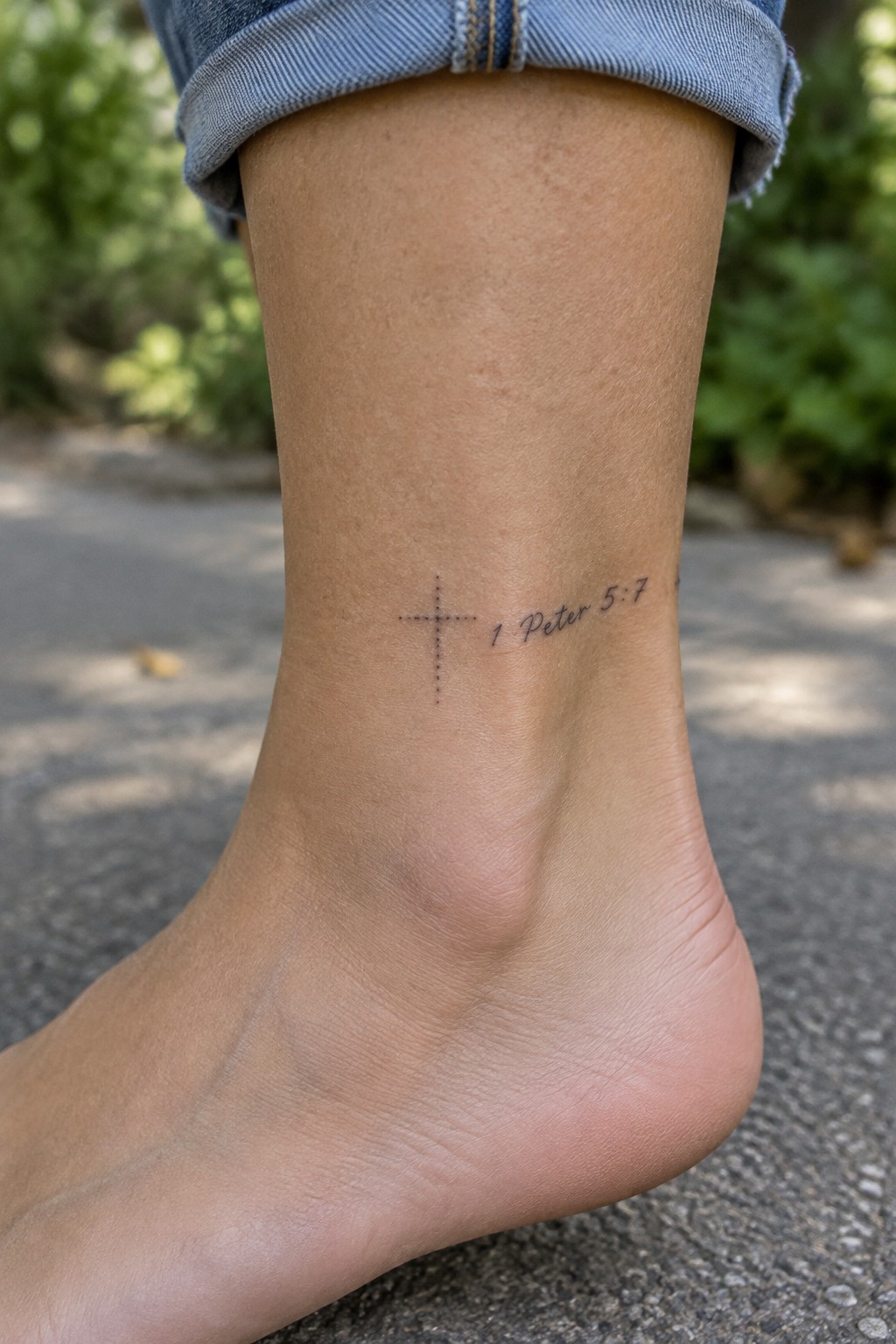 Ankle with dotted cross tattoo and
