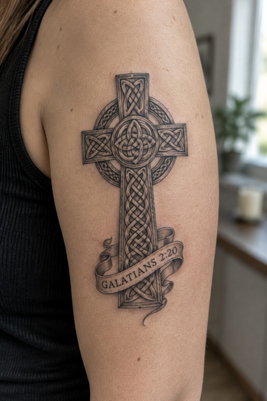 Celtic cross tattoo with intricate knotwork and Galatians 2:20 banner on upper arm