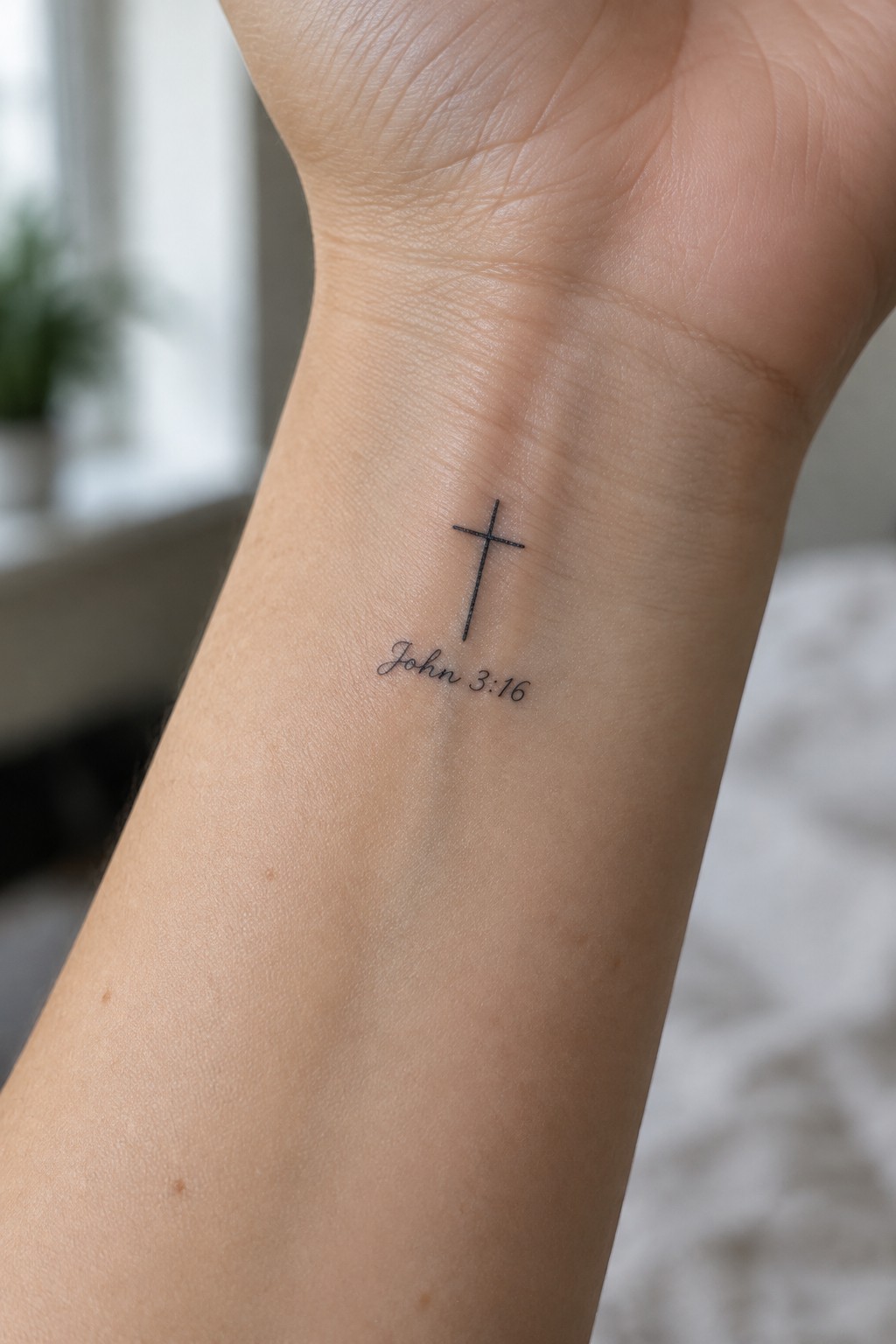 Small black cross tattoo with
