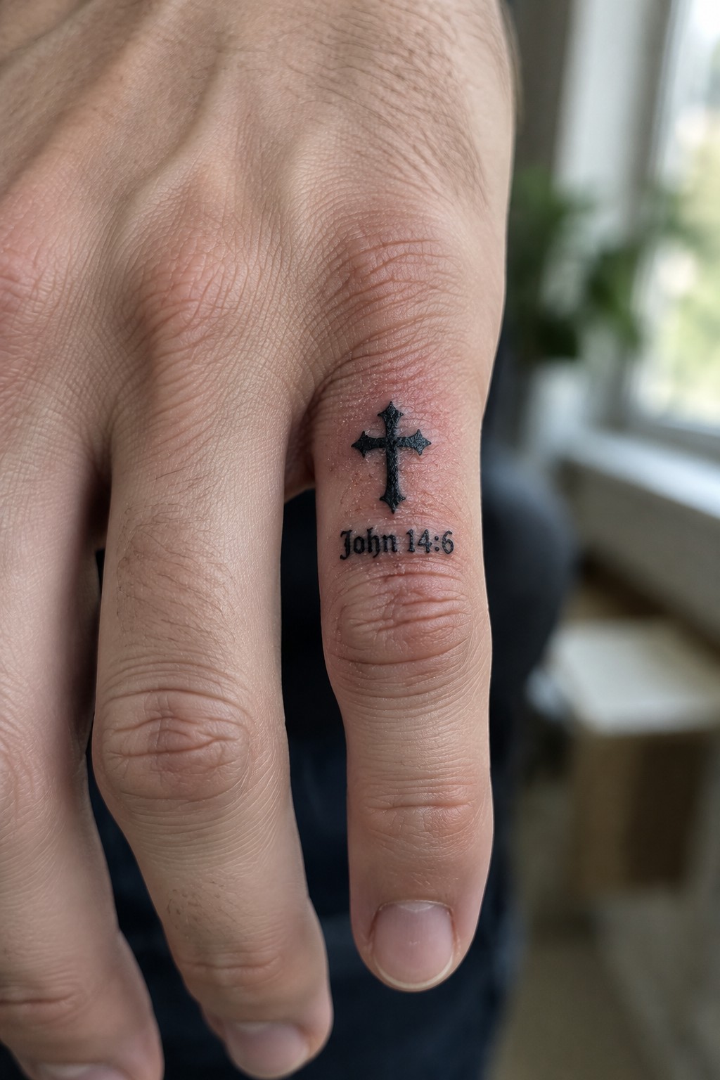 Small black cross tattoo with the words John 14:6 below it on the side of a finger