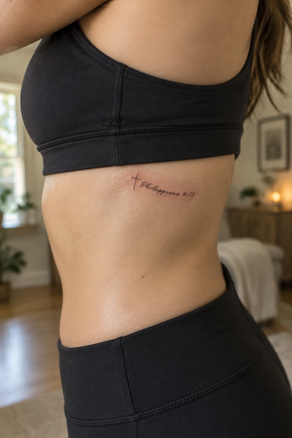 Woman in black sports bra and leggings with Philippians 4:13 cross tattoo on ribs