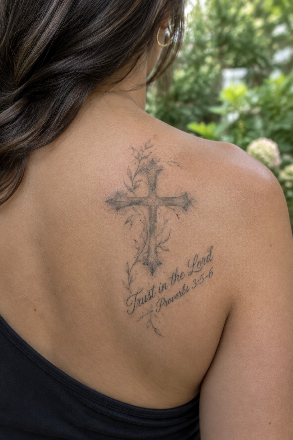 Woman in black top with cross, vines, and Proverbs 3:5-6 tattoo on back
