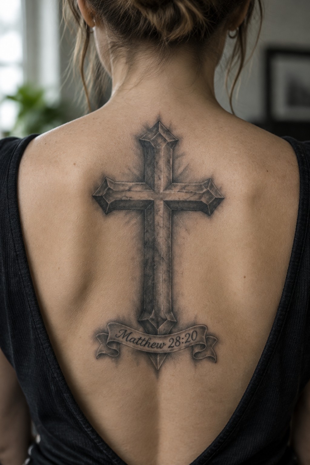 Woman's back with large stone cross tattoo and Matthew 28:20 banner on black top