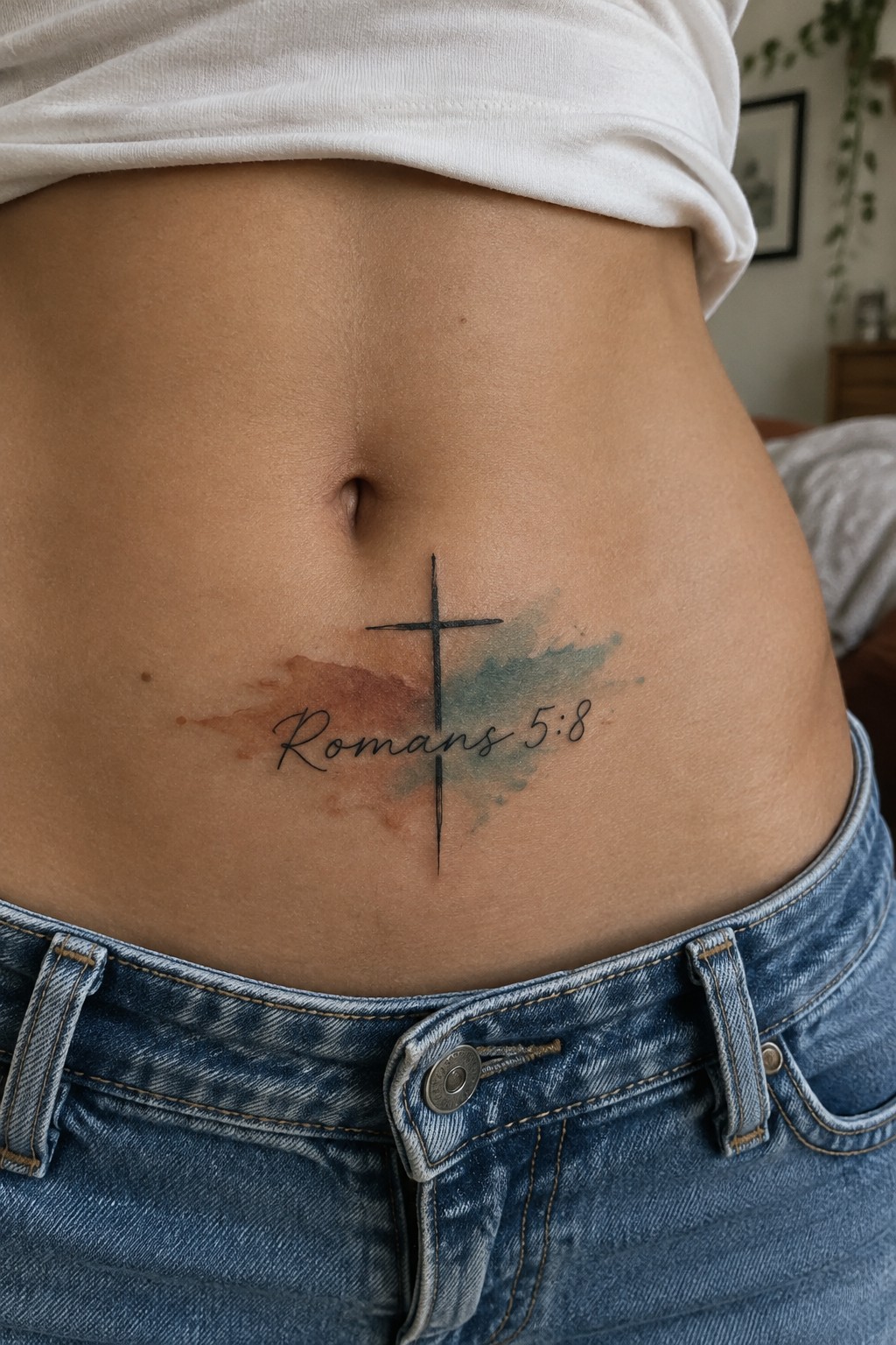 Small black cross tattoo with Romans 5:8 script below it on the lower abdomen, accented by soft brown and blue watercolor splashes.