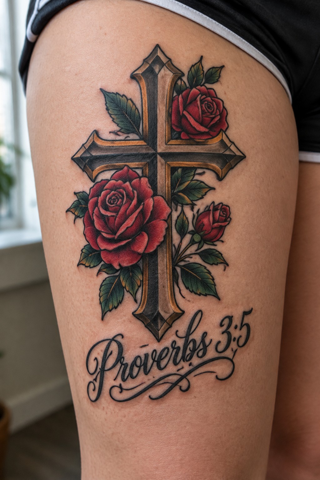 Tattoo of a cross with red roses on the thigh and Proverbs 3:5 written below in script lettering