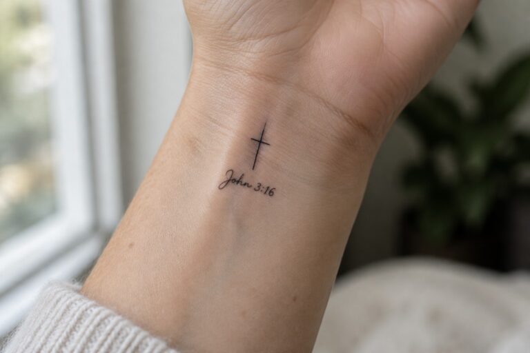 18 Bible Verse Tattoos Featuring Cross and Scripture Combinations Small black cross tattoo with "John 3:16" text on light wrist skin