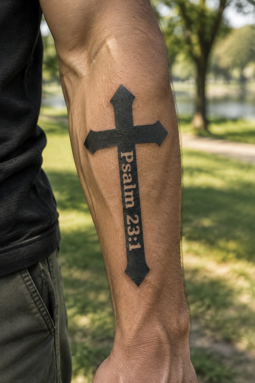 Black cross tattoo on inner forearm with Psalm 23:1 text running vertically through the center.