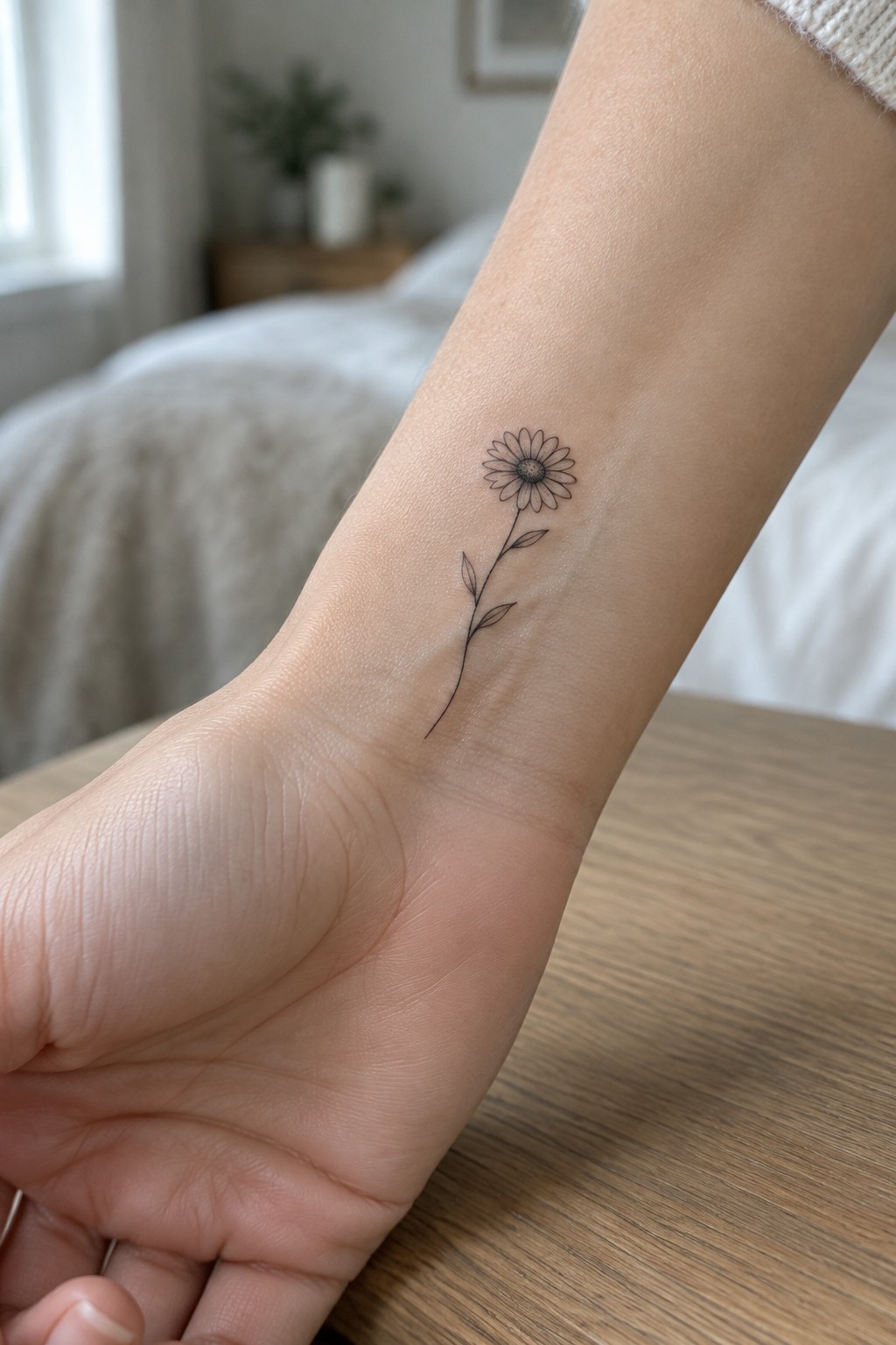 Delicate black daisy tattoo with stem on inner wrist above wood table