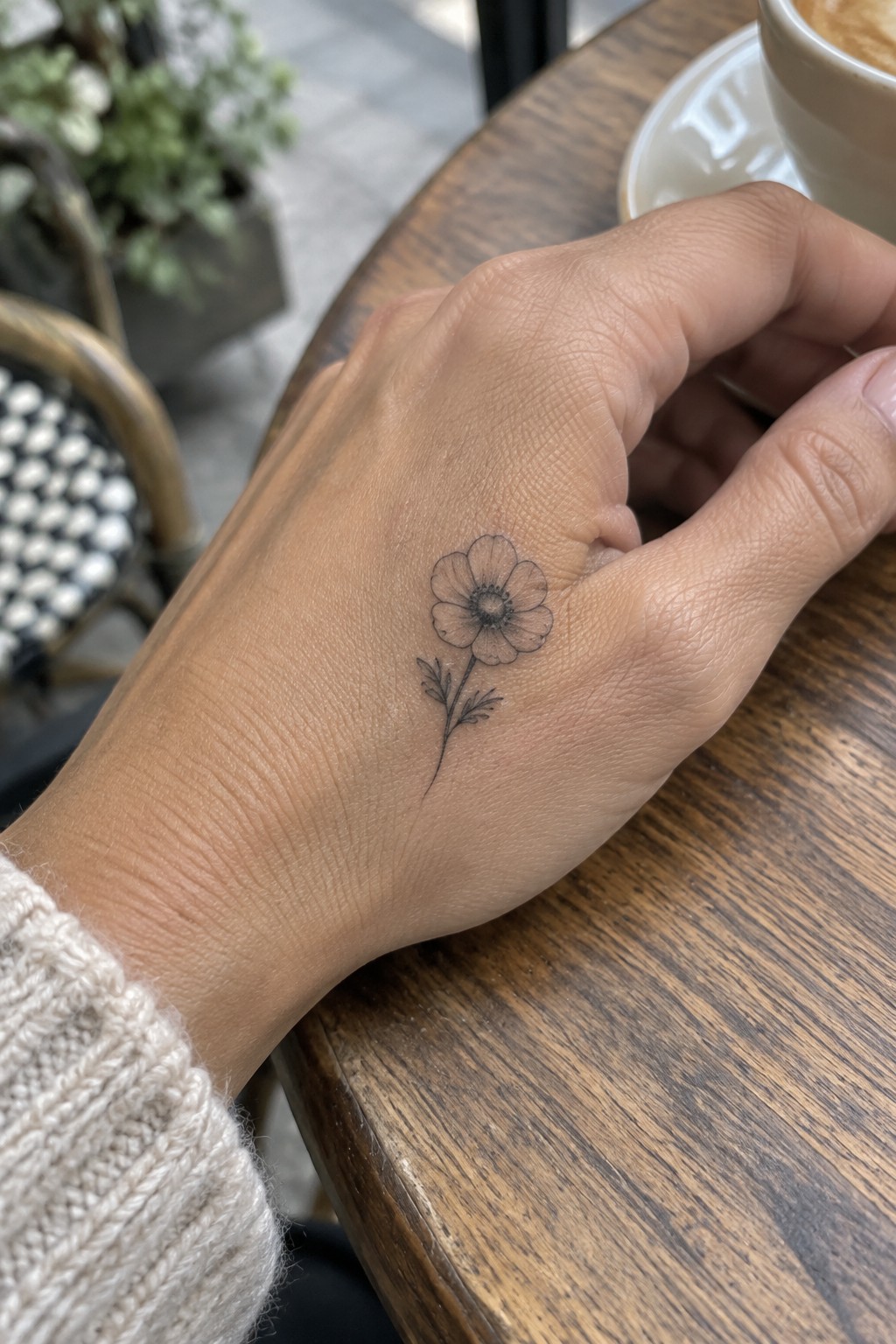 Hand with delicate flower tattoo on wooden table beside coffee cup