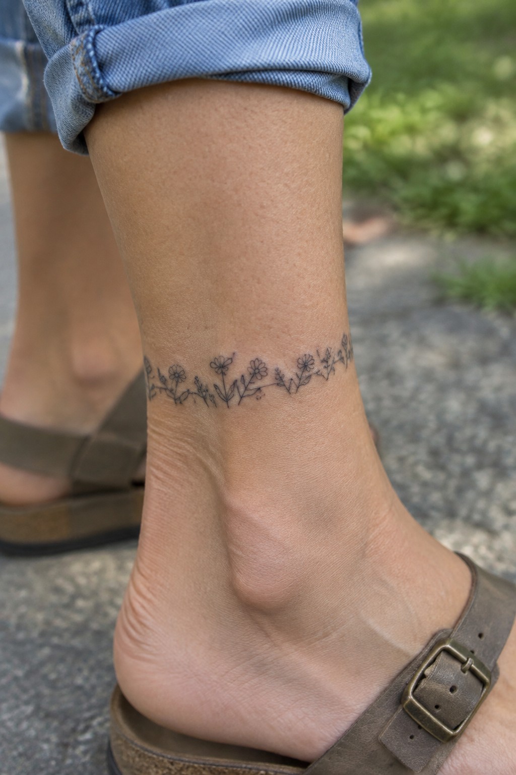 Fine-line floral tattoo around ankle above brown sandal and cuffed jeans