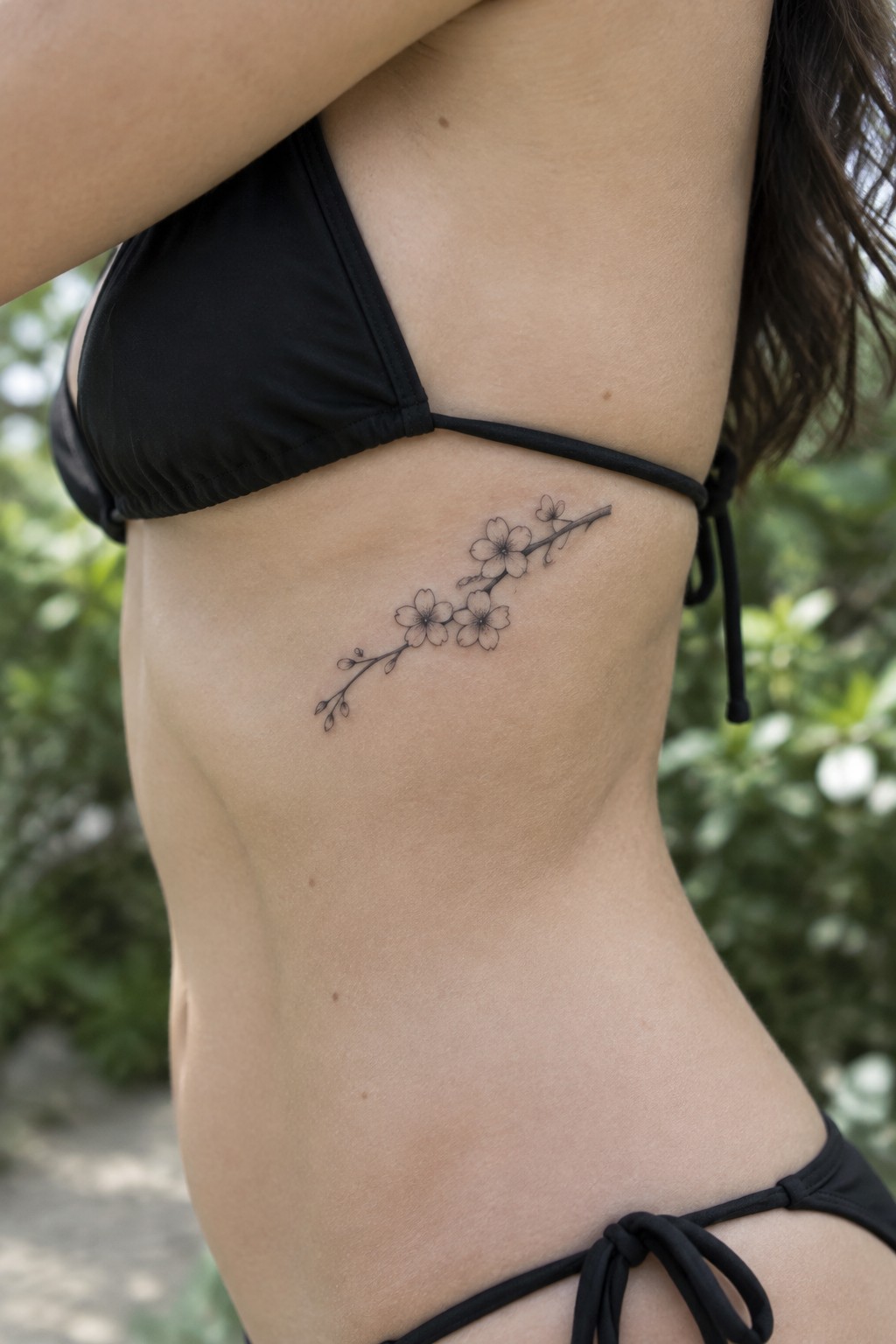 Black bikini and cherry blossom branch tattoo on ribcage outdoors