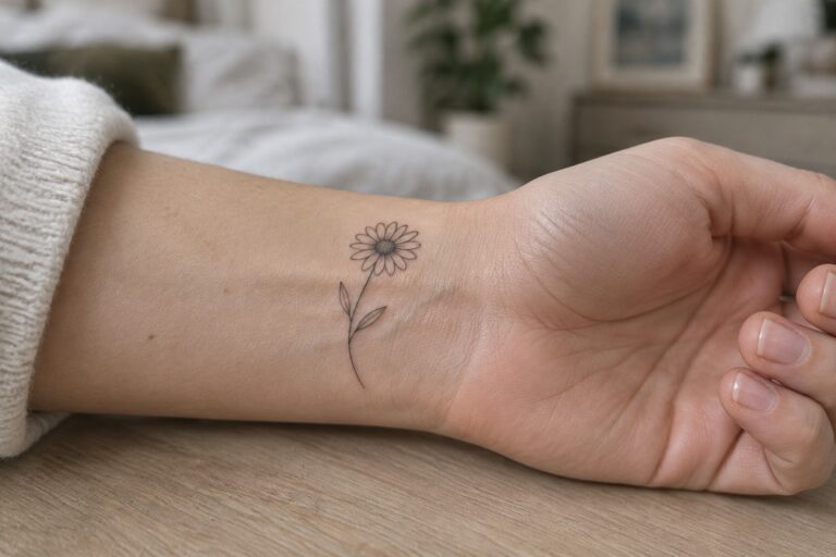 18 Charming Small Girly Tattoos Featuring Delicate Floral Outlines Delicate black daisy tattoo with stem on inner wrist above wood table