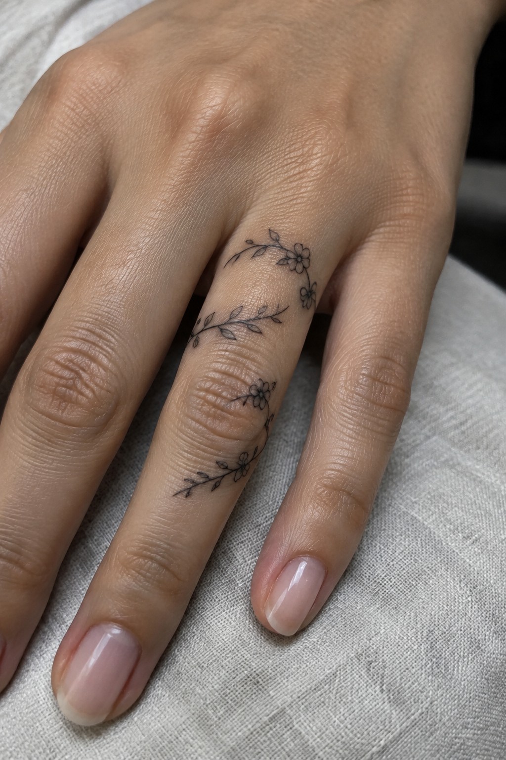 Hand with delicate black floral vine tattoo wrapping around ring finger