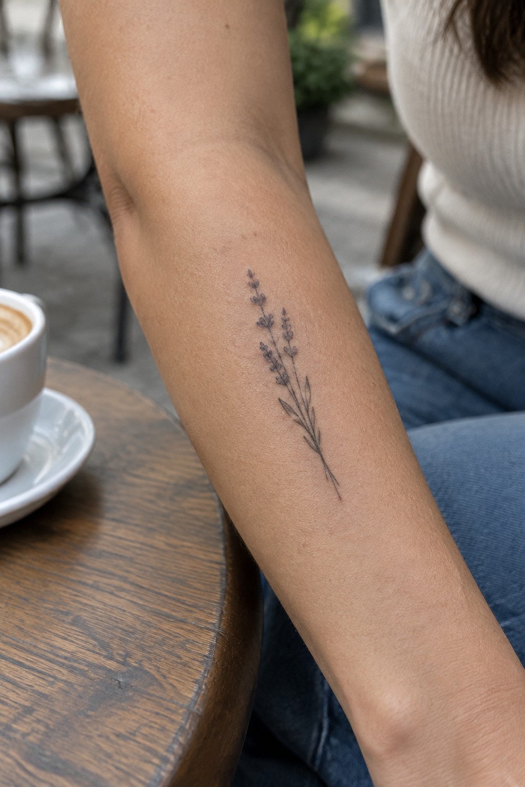 Lavender tattoo on forearm beside white coffee cup on wooden table