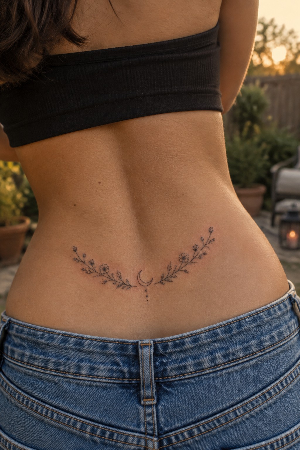 Woman's lower back with crescent moon floral tattoo above blue jeans and black top