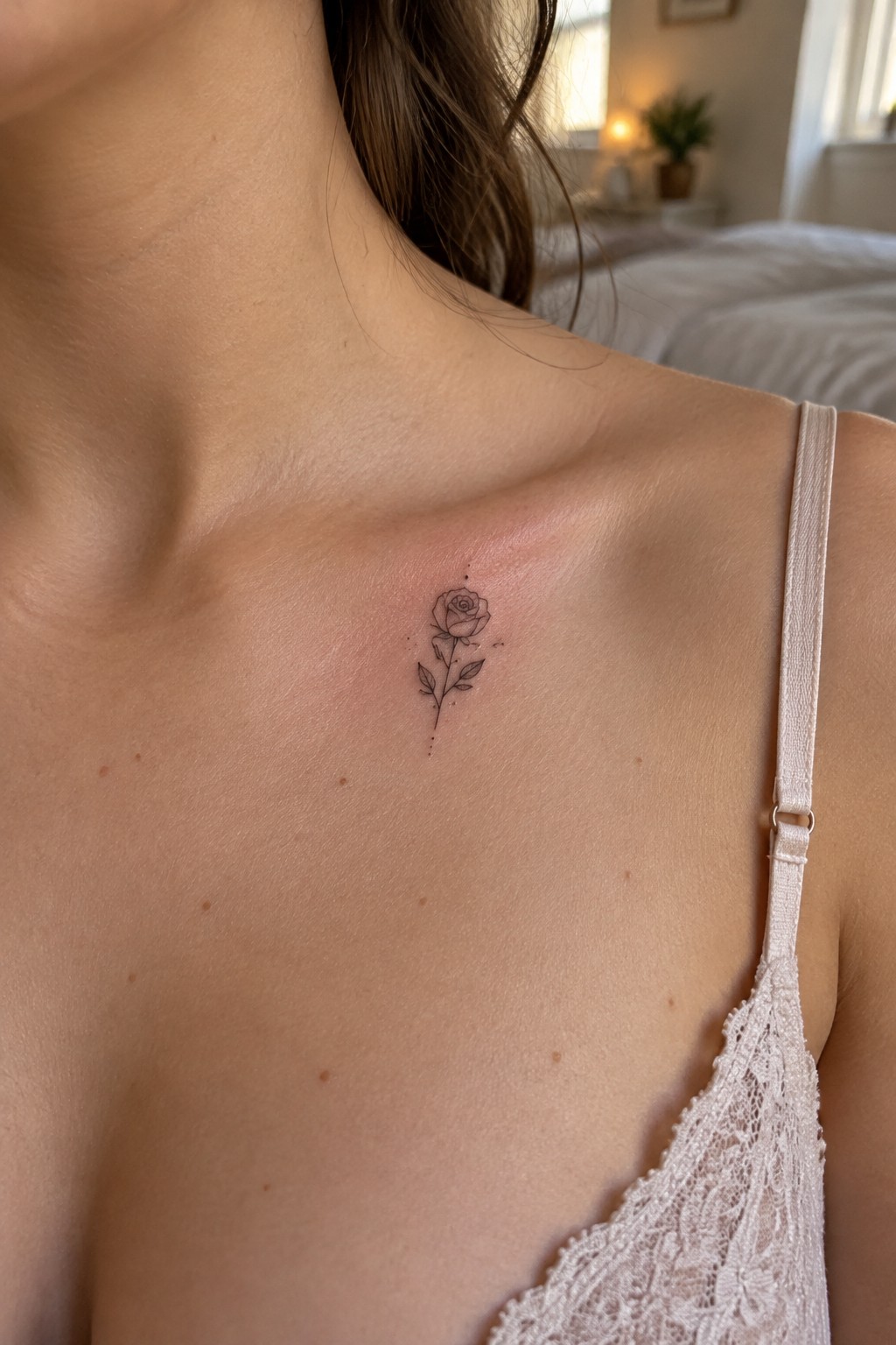 Small rose tattoo on reddened collarbone above lace bra strap
