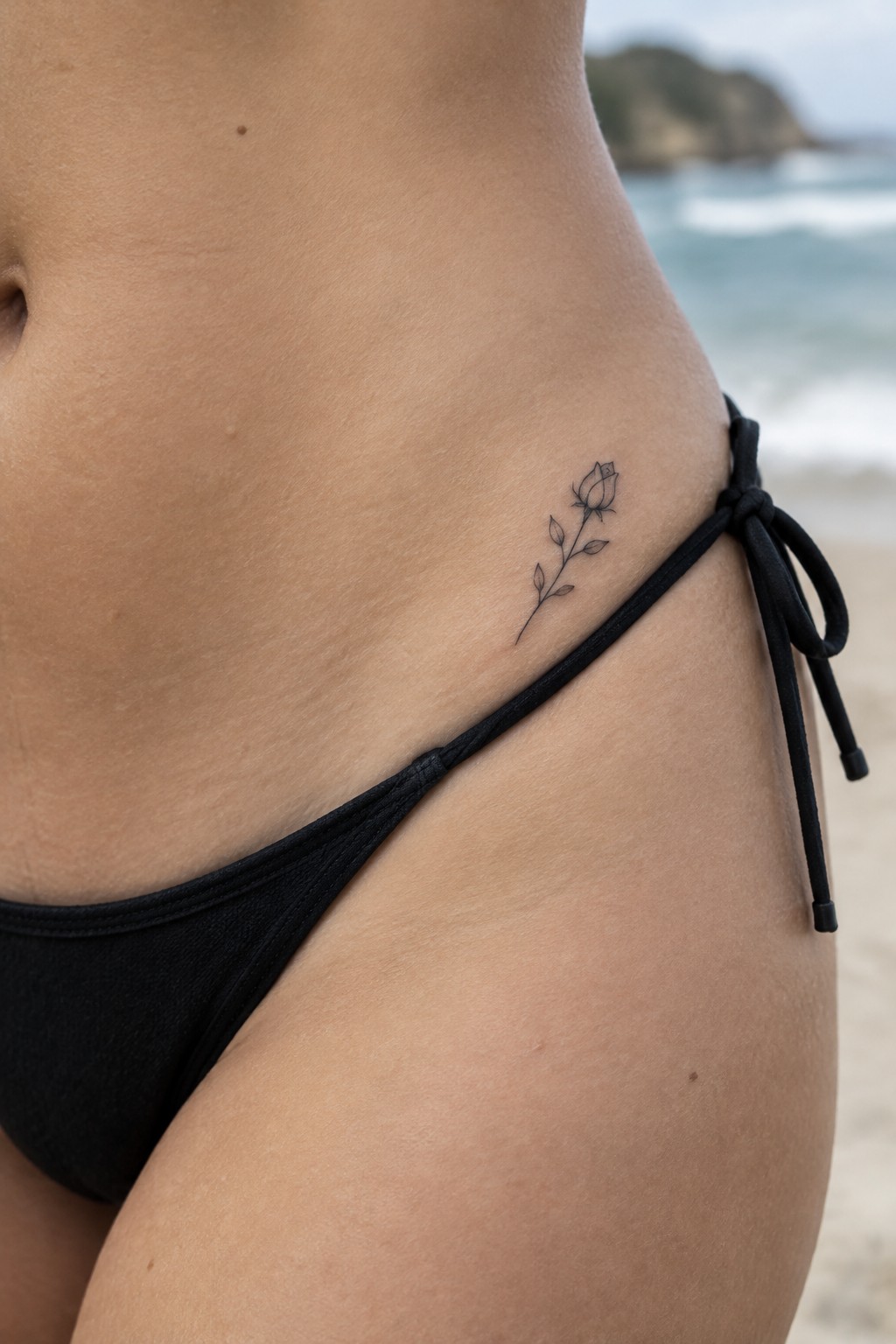 Woman's hip with small rose tattoo on black bikini tie at beach