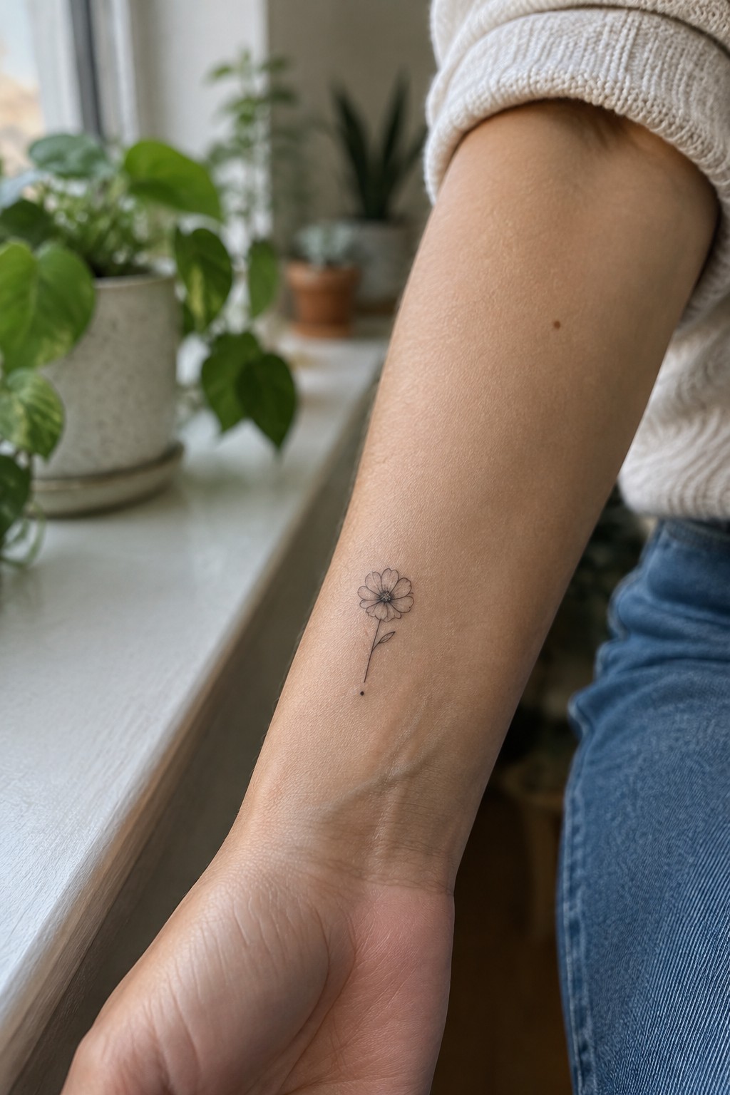 Small black line art flower with a thin stem on the inner forearm of a person in a white sweater and blue jeans.