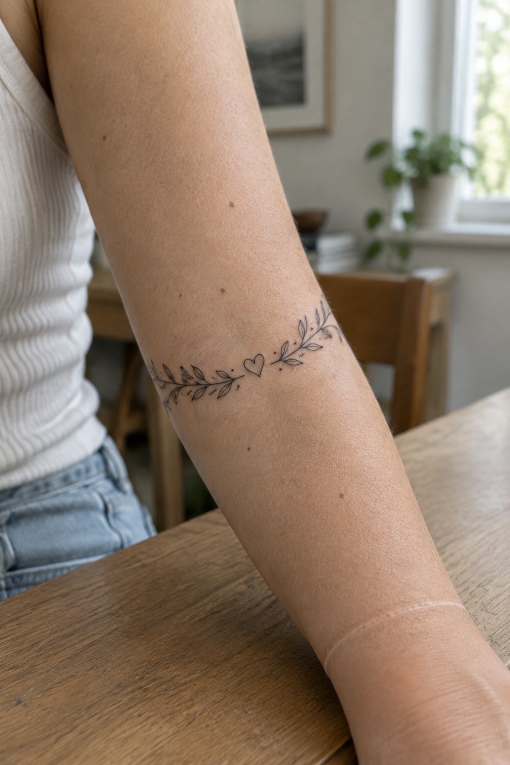 Fine-line tattoo of a leafy branch with a small heart wrapping across the inner arm.