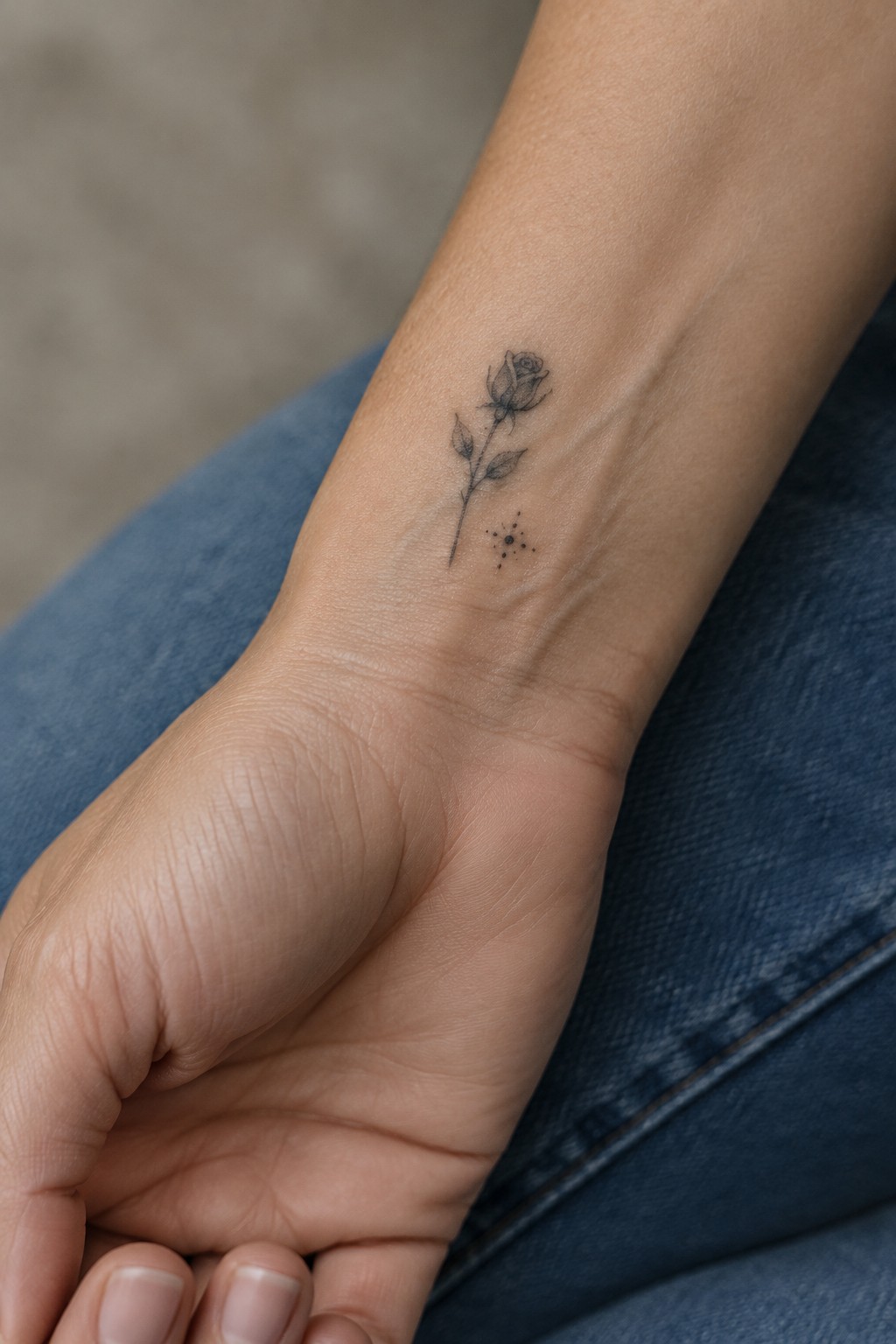 Small fine-line rose tattoo with a leafy stem and scattered dots on the inner wrist.