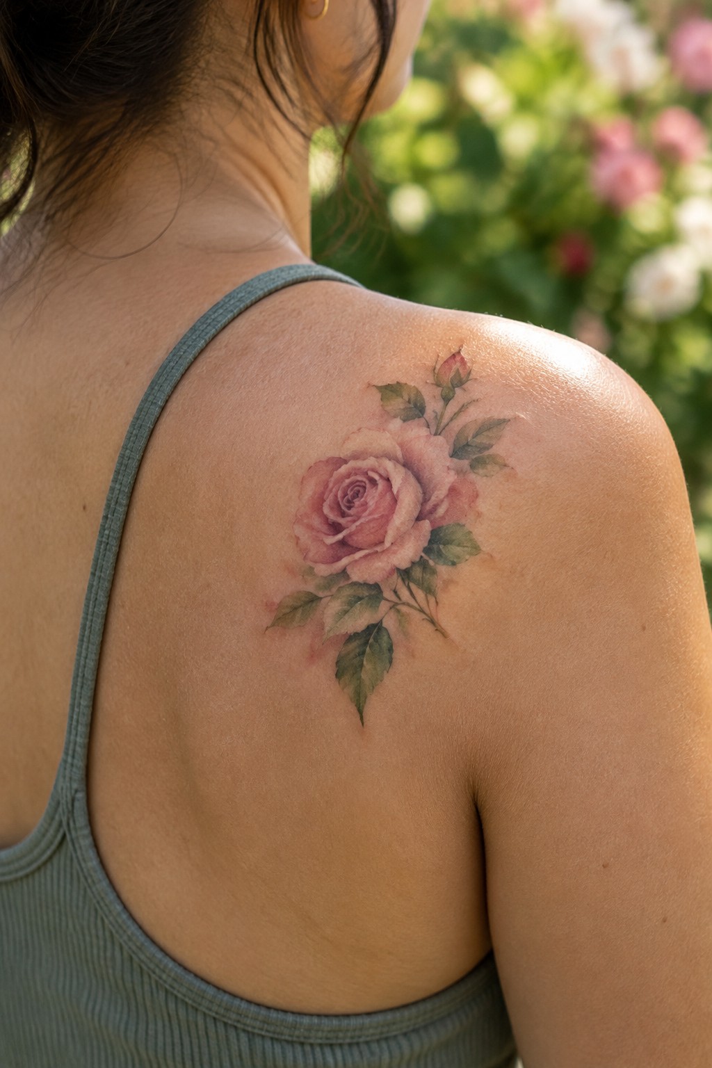 A woman with a medium-sized pink rose and green leaves tattoo on her shoulder.