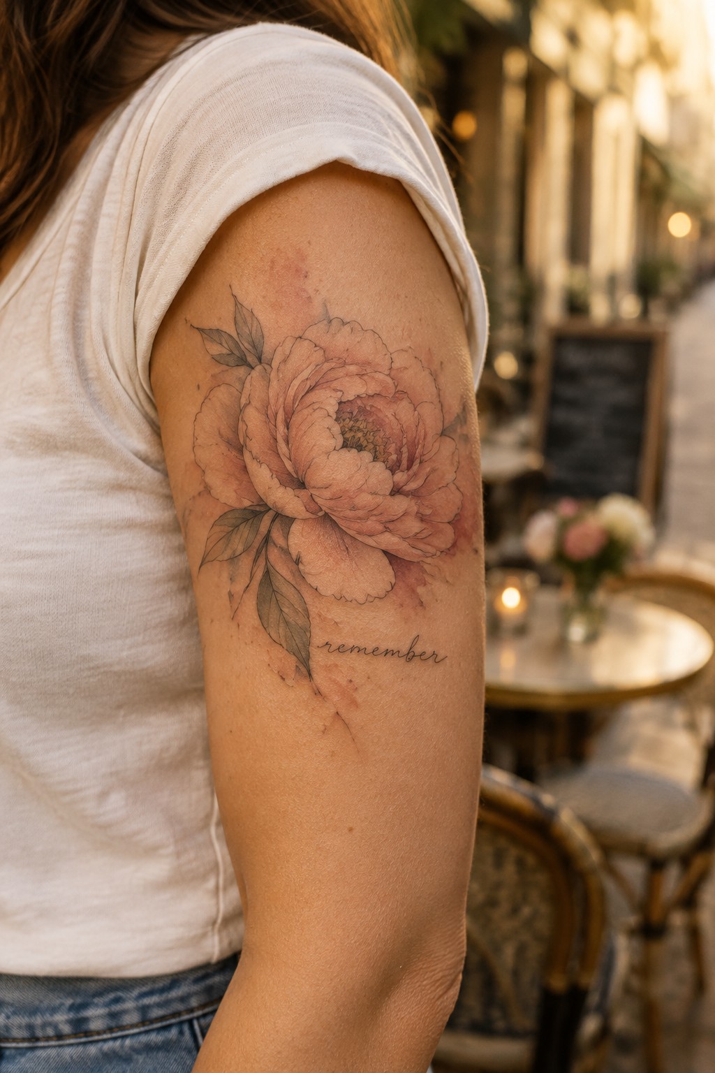 Muted fine-line peony tattoo with leaves and the word “remember” on a woman’s upper arm.