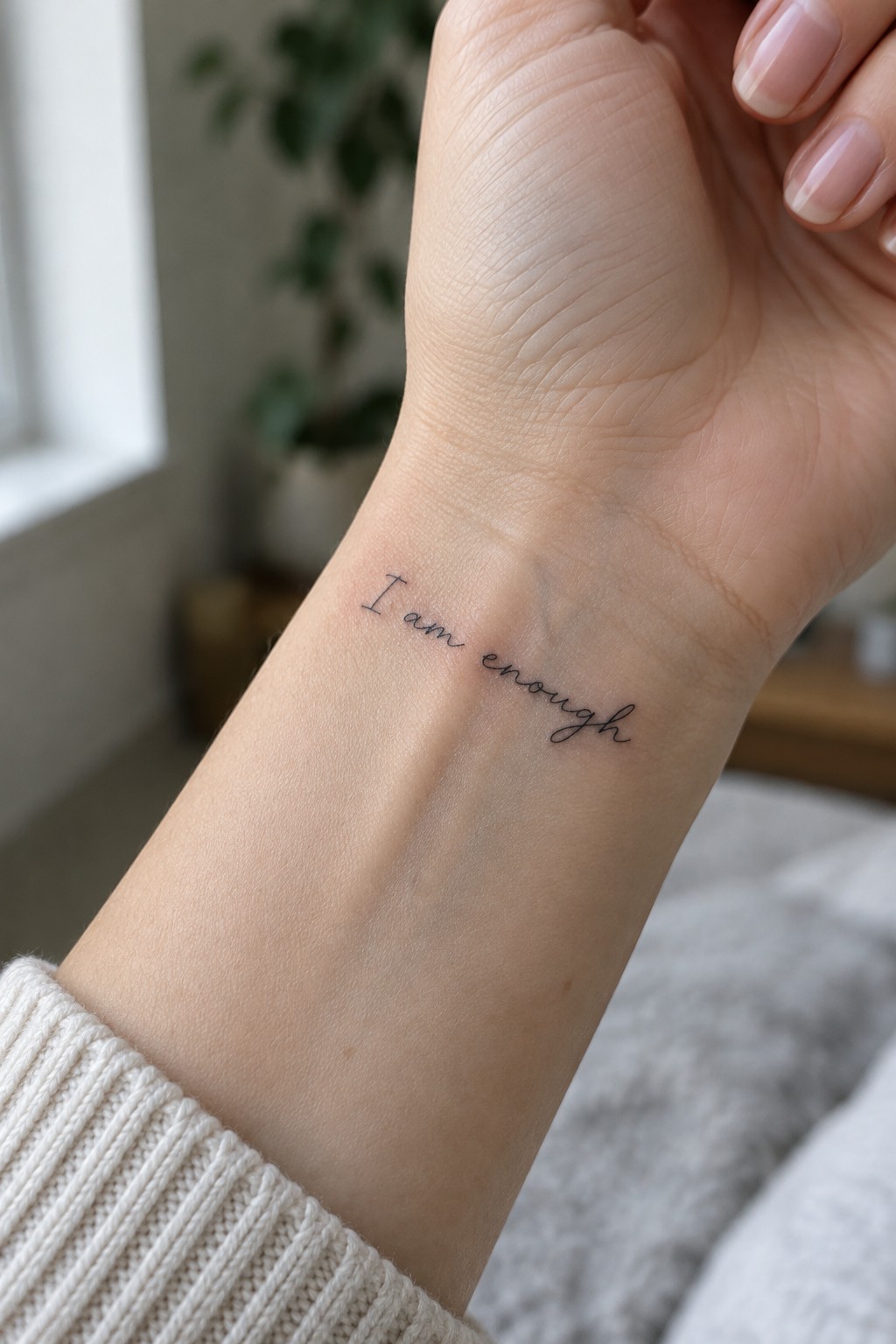Small fine-line cursive tattoo reading “I am enough” on the inner wrist.