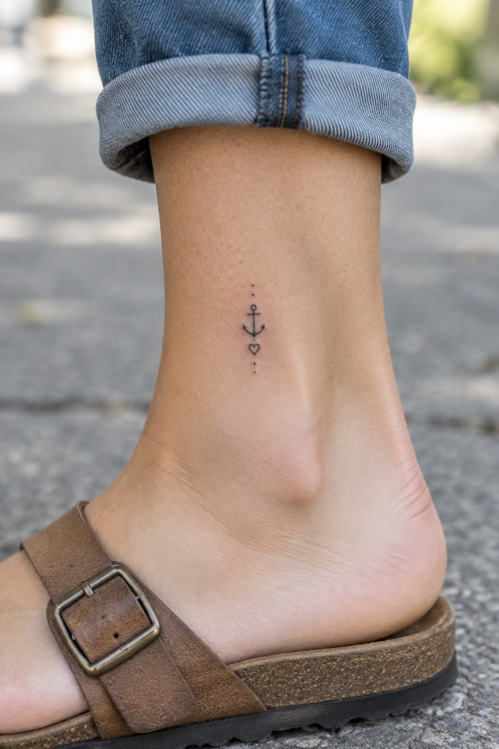 Small fine-line anchor and heart tattoo with dots on the inner ankle above a brown sandal.