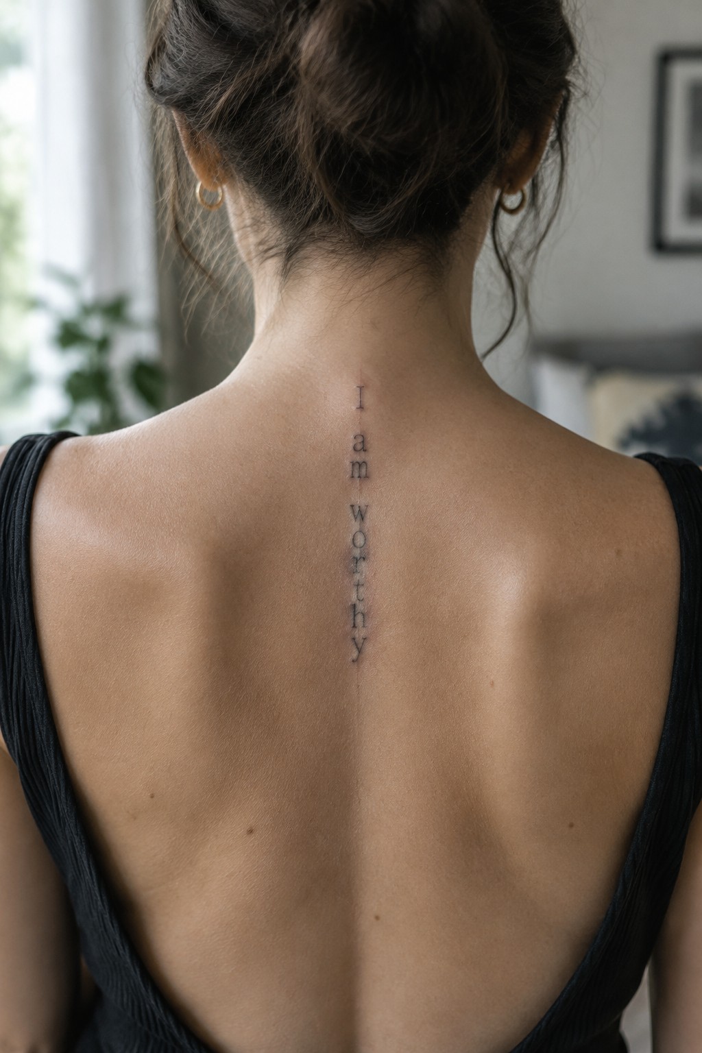 Woman with a small vertical “I am worthy” lettering tattoo centered on her upper spine.