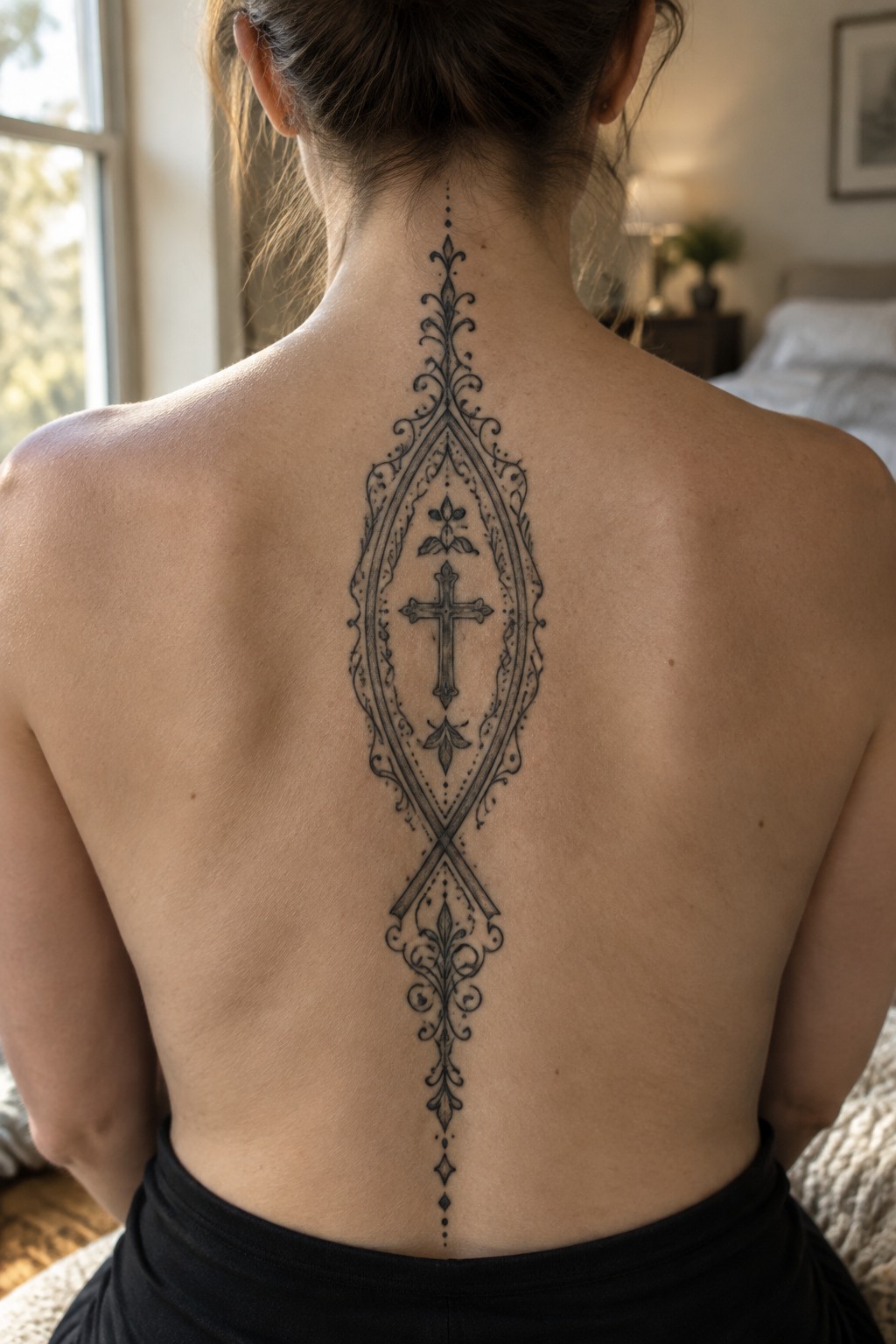 A large vertical blackwork tattoo with a central cross and ornate borders running down a woman's spine.