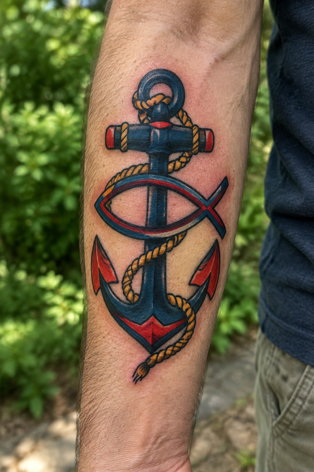 Blue and red anchor tattoo with rope and fish symbol on forearm