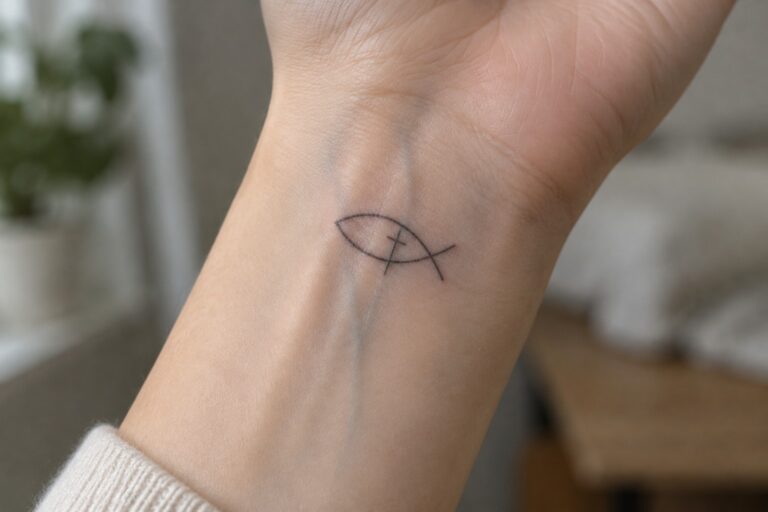 Small black fish-and-cross tattoo on inner wrist above white knit sweater cuff