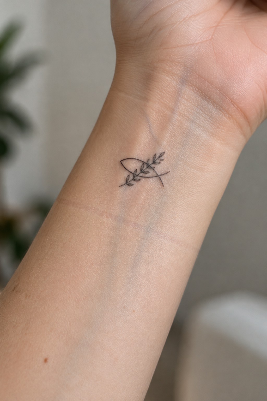 Delicate black line tattoo of fish with leaves on inner wrist