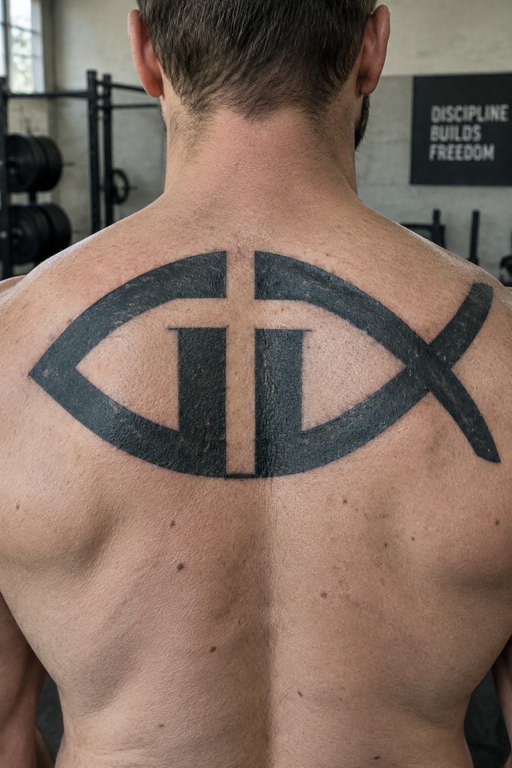 Shirtless muscular man with large black fish-and-cross tattoo on upper back in gym