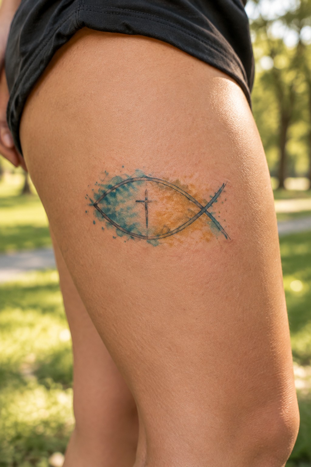 Watercolor ichthys fish tattoo with cross on thigh, blue and orange splashes