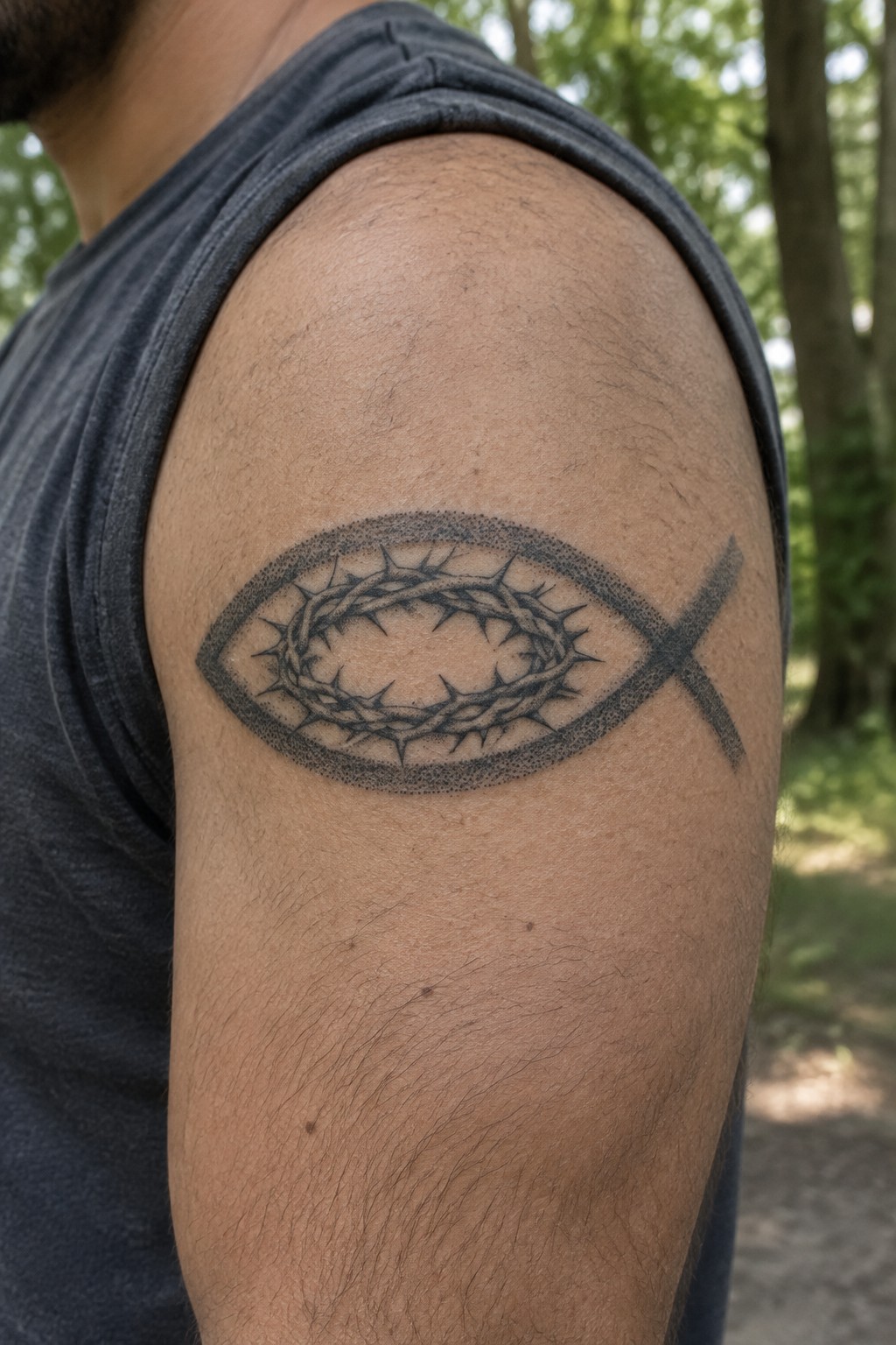 Man's shoulder shows black fish tattoo with crown of thorns and cross on gray tank top outdoors.