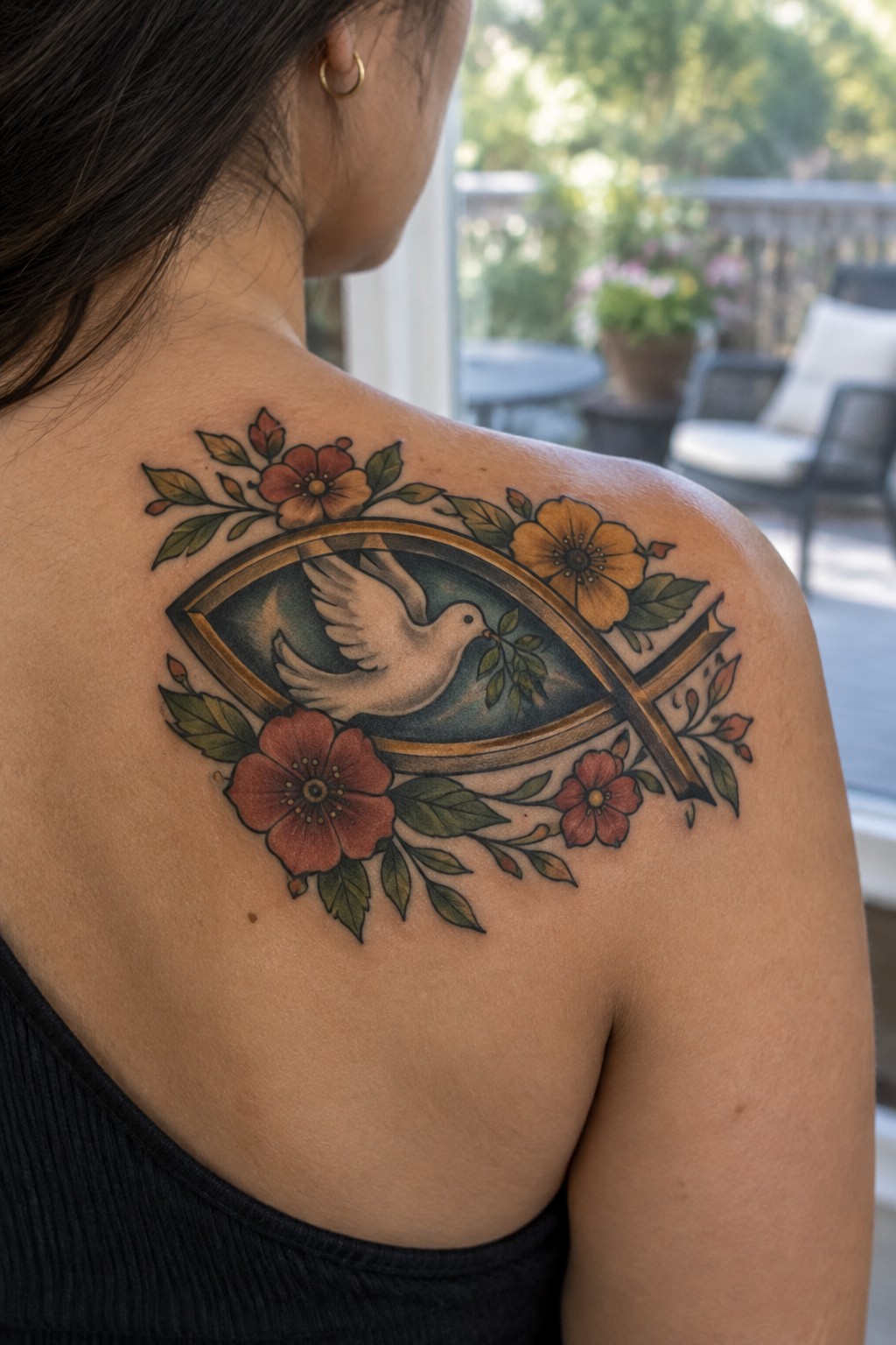Shoulder tattoo of white dove in fish symbol with cross and red yellow flowers