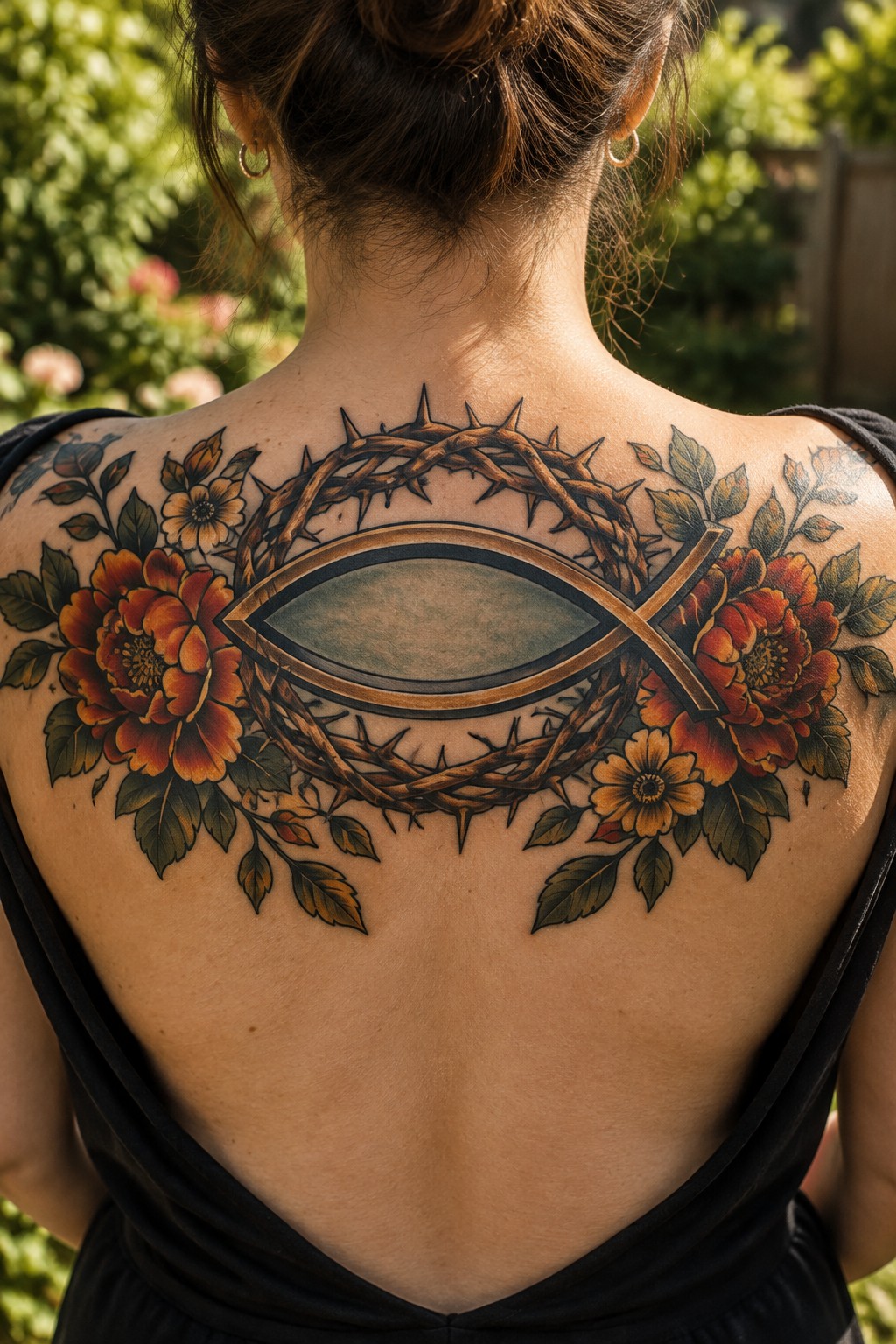 Woman's upper back tattoo of thorny crown around fish-cross symbol with red flowers