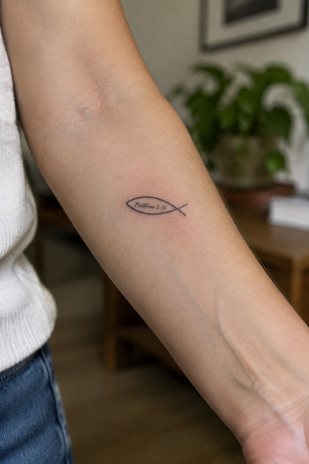 Small fish outline tattoo on inner forearm with Matthew 5:16 text inside the shape