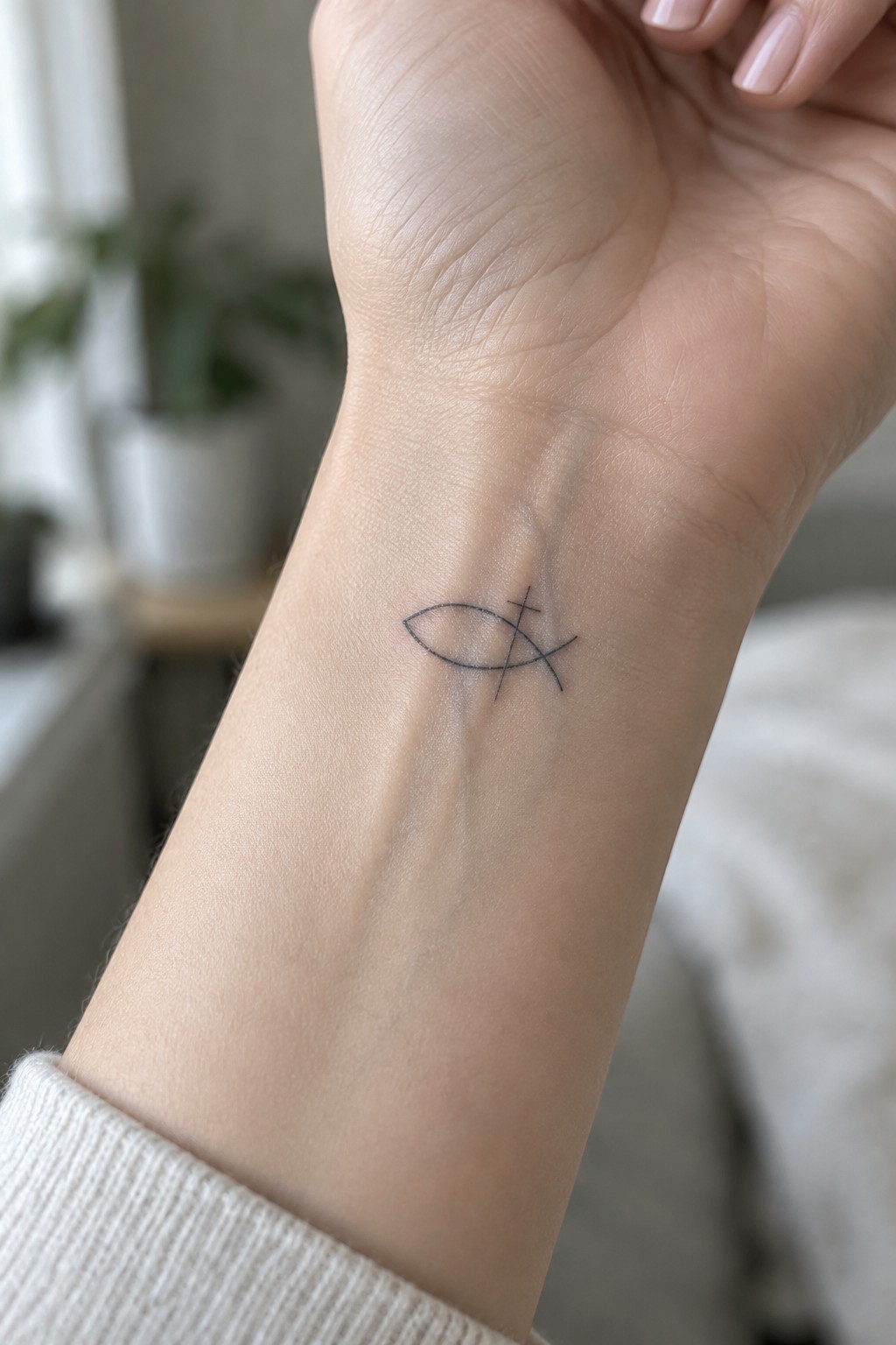Small black fish-and-cross tattoo on inner wrist above white knit sweater cuff