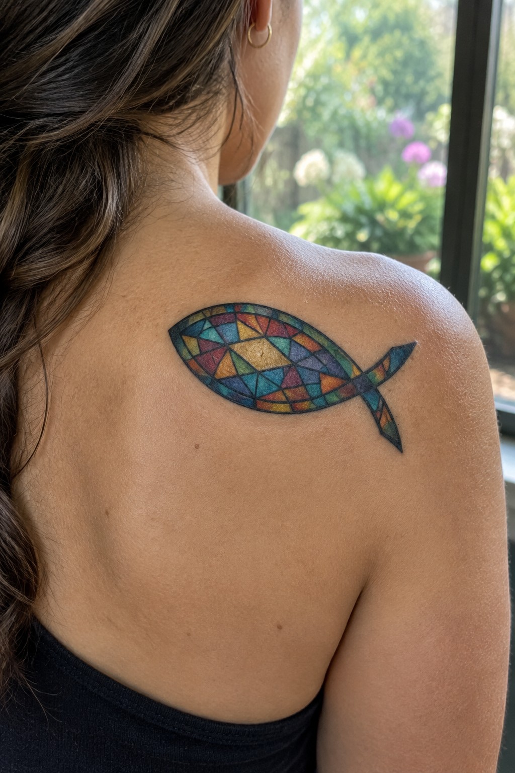 Stained-glass rainbow fish tattoo on woman's shoulder with long brown hair.