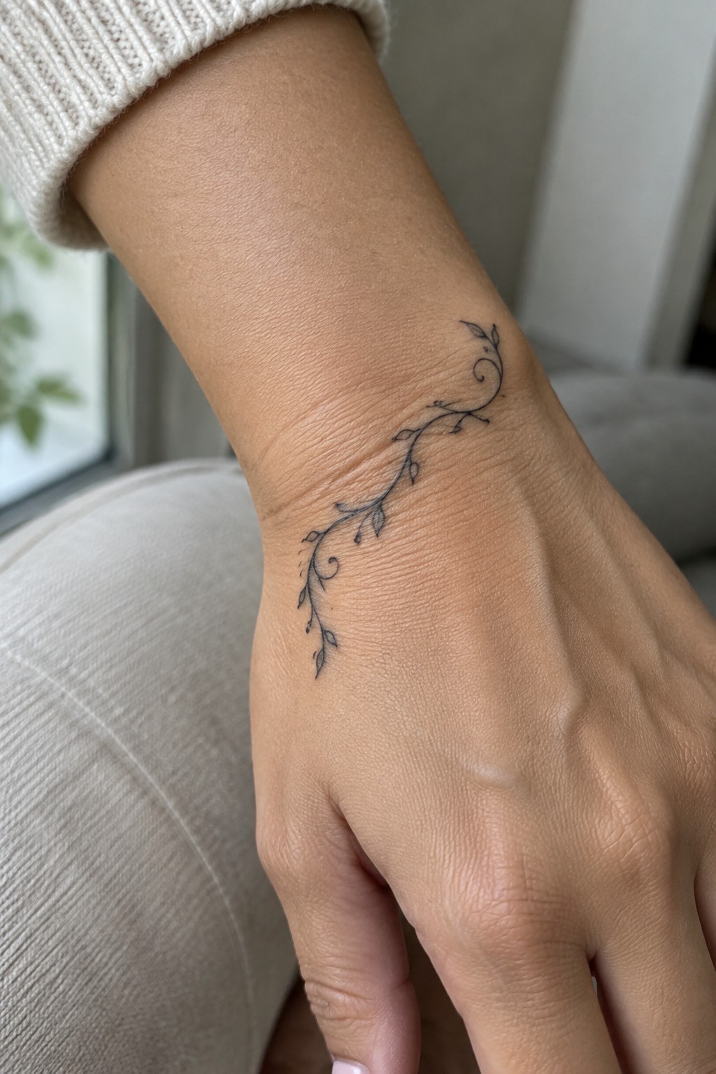 Fine-line black vine tattoo with small leaves and curling tendrils winding across the wrist.